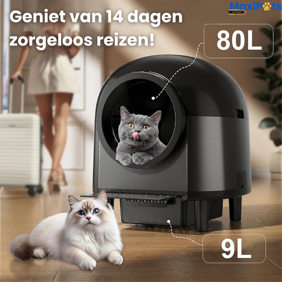 Miniatuur van productfoto 6 van Maxipets® NOVA Black - Automatische Kattenbak Zelfreinigend - Elektrische & Zelfreinigende kattenbak - 80L XXL - incl. Kattenbaktrap, App & Zakken - Zwart