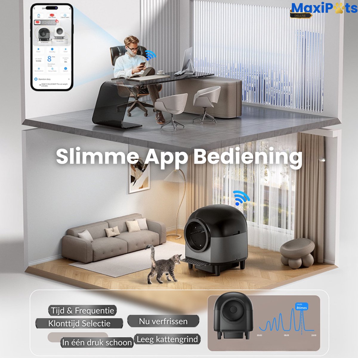 Miniatuur van productfoto 8 van Maxipets® NOVA Black - Automatische Kattenbak Zelfreinigend - Elektrische & Zelfreinigende kattenbak - 80L XXL - incl. Kattenbaktrap, App & Zakken - Zwart