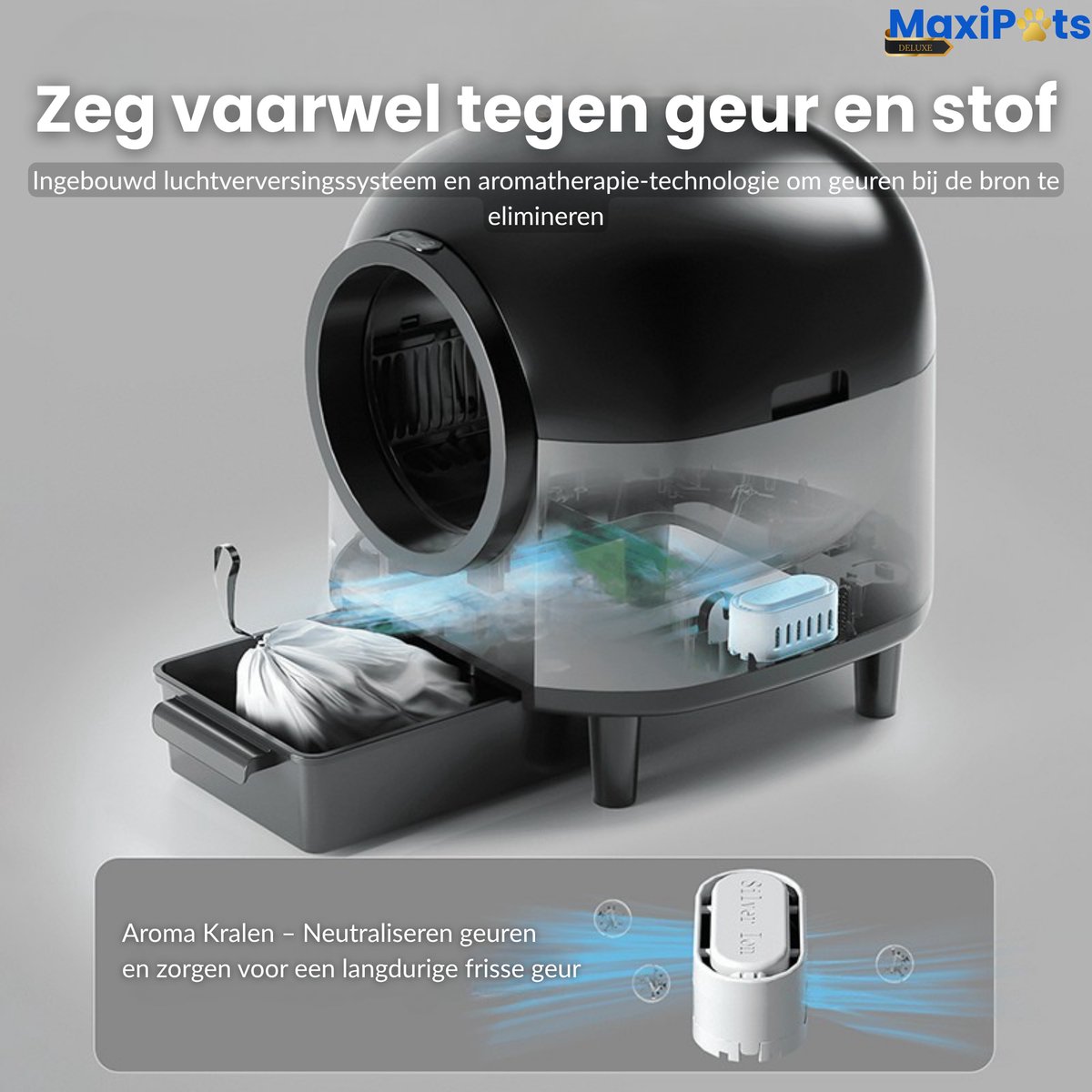Miniatuur van productfoto 9 van Maxipets® NOVA Black - Automatische Kattenbak Zelfreinigend - Elektrische & Zelfreinigende kattenbak - 80L XXL - incl. Kattenbaktrap, App & Zakken - Zwart