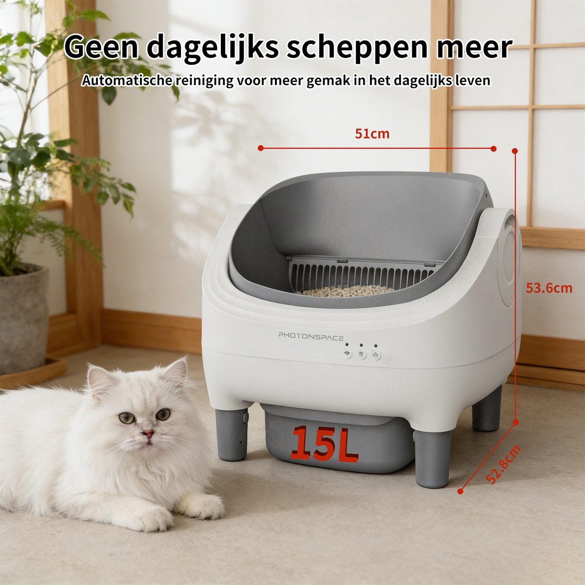 Miniatuur van productfoto 3 van Photonspace Zelfreinigende Kattenbak - Open Top - Automatische Kattenbak - Electrische Kattenbak - Incl. App-Met Kattenbakmat en 3 rollen opvangzakjes