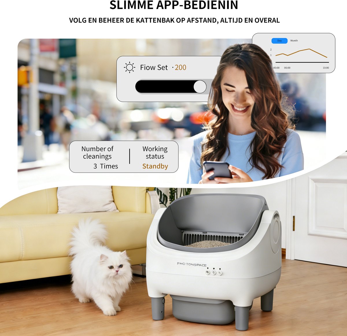 Miniatuur van productfoto 5 van Photonspace Zelfreinigende Kattenbak - Open Top - Automatische Kattenbak - Electrische Kattenbak - Incl. App-Met Kattenbakmat en 3 rollen opvangzakjes