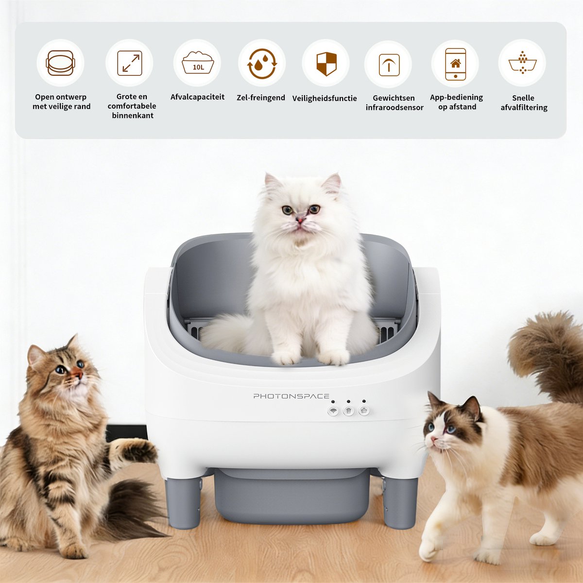Miniatuur van productfoto 7 van Photonspace Zelfreinigende Kattenbak - Open Top - Automatische Kattenbak - Electrische Kattenbak - Incl. App-Met Kattenbakmat en 3 rollen opvangzakjes