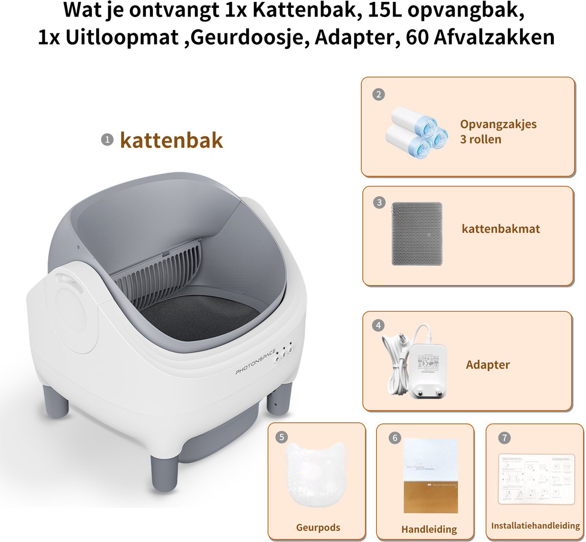 Miniatuur van productfoto 8 van Photonspace Zelfreinigende Kattenbak - Open Top - Automatische Kattenbak - Electrische Kattenbak - Incl. App-Met Kattenbakmat en 3 rollen opvangzakjes