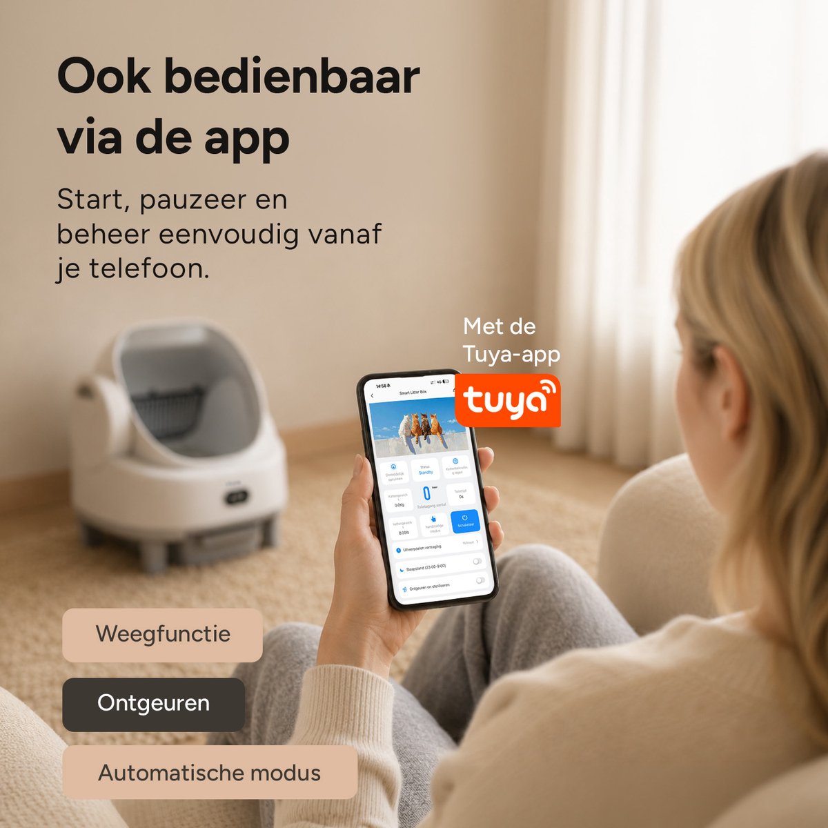 Miniatuur van productfoto 5 van Ciazo Smart Zelfreinigende Kattenbak – Automatische Kattenbak met App – Geurneutralisator – Easy Clean – Open Design – 65L Binnenruimte – 1 Rol Opvangzakjes