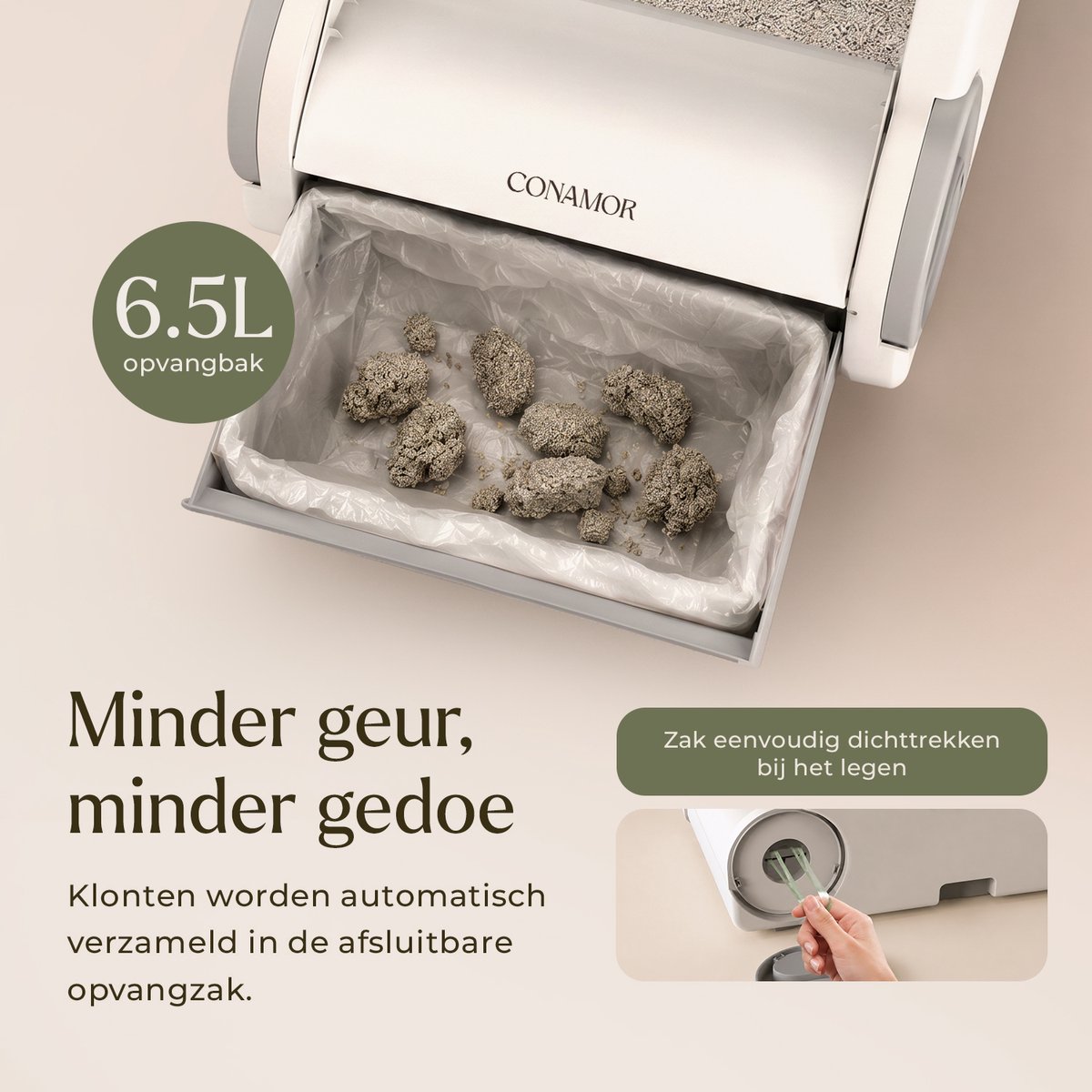 Miniatuur van productfoto 2 van Automatische Kattenbak met App - Zelfreinigende Kattenbak - 65L - WiFi - Geschikt Voor Meerdere Katten - Incl. 80 Kattenbakzakken & Accessoires - CONAMOR