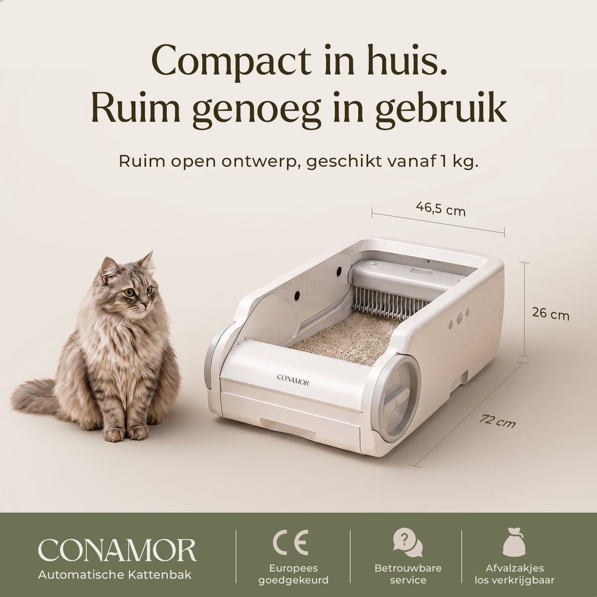 Miniatuur van productfoto 3 van Automatische Kattenbak met App - Zelfreinigende Kattenbak - 65L - WiFi - Geschikt Voor Meerdere Katten - Incl. 80 Kattenbakzakken & Accessoires - CONAMOR
