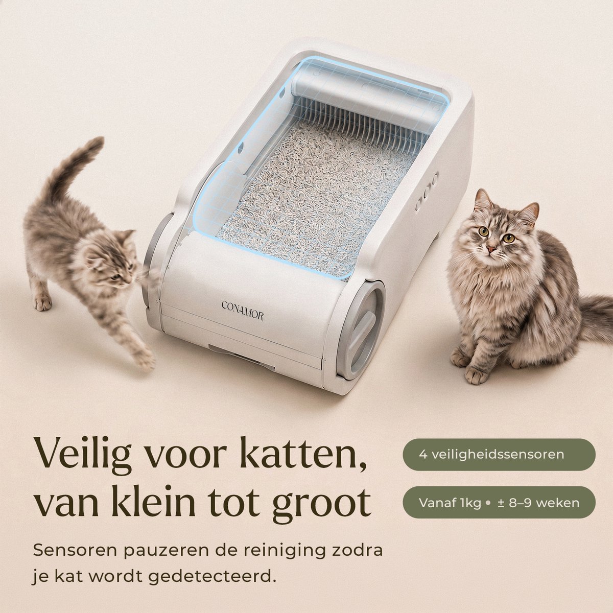Miniatuur van productfoto 7 van Automatische Kattenbak met App - Zelfreinigende Kattenbak - 65L - WiFi - Geschikt Voor Meerdere Katten - Incl. 80 Kattenbakzakken & Accessoires - CONAMOR