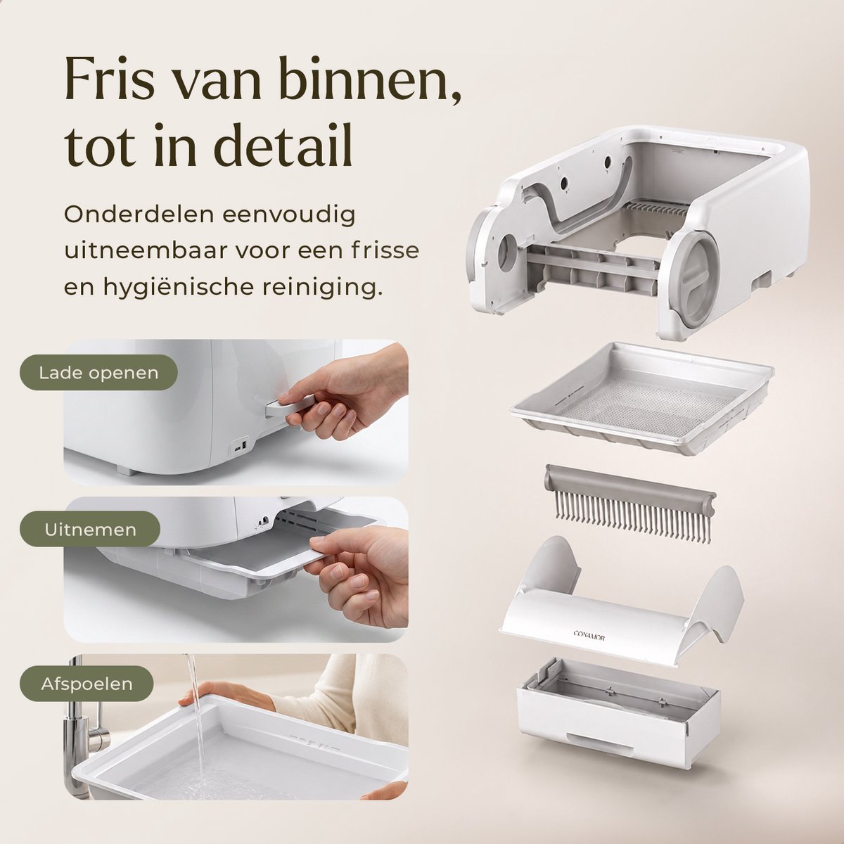Miniatuur van productfoto 8 van Automatische Kattenbak met App - Zelfreinigende Kattenbak - 65L - WiFi - Geschikt Voor Meerdere Katten - Incl. 80 Kattenbakzakken & Accessoires - CONAMOR