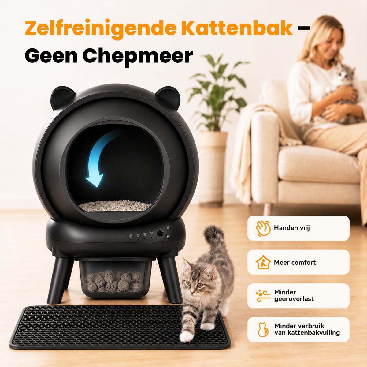 Miniatuur van productfoto 4 van Photonspace Automatische Kattenbak - Zelfreinigend Electrische Kattenbak - Bedienen via App - 65L + 10L - Incl Kattenbakmat en 1 rollen Kattenbakzakken - Slimme Waarschuwing - Gezondheidsbewaking