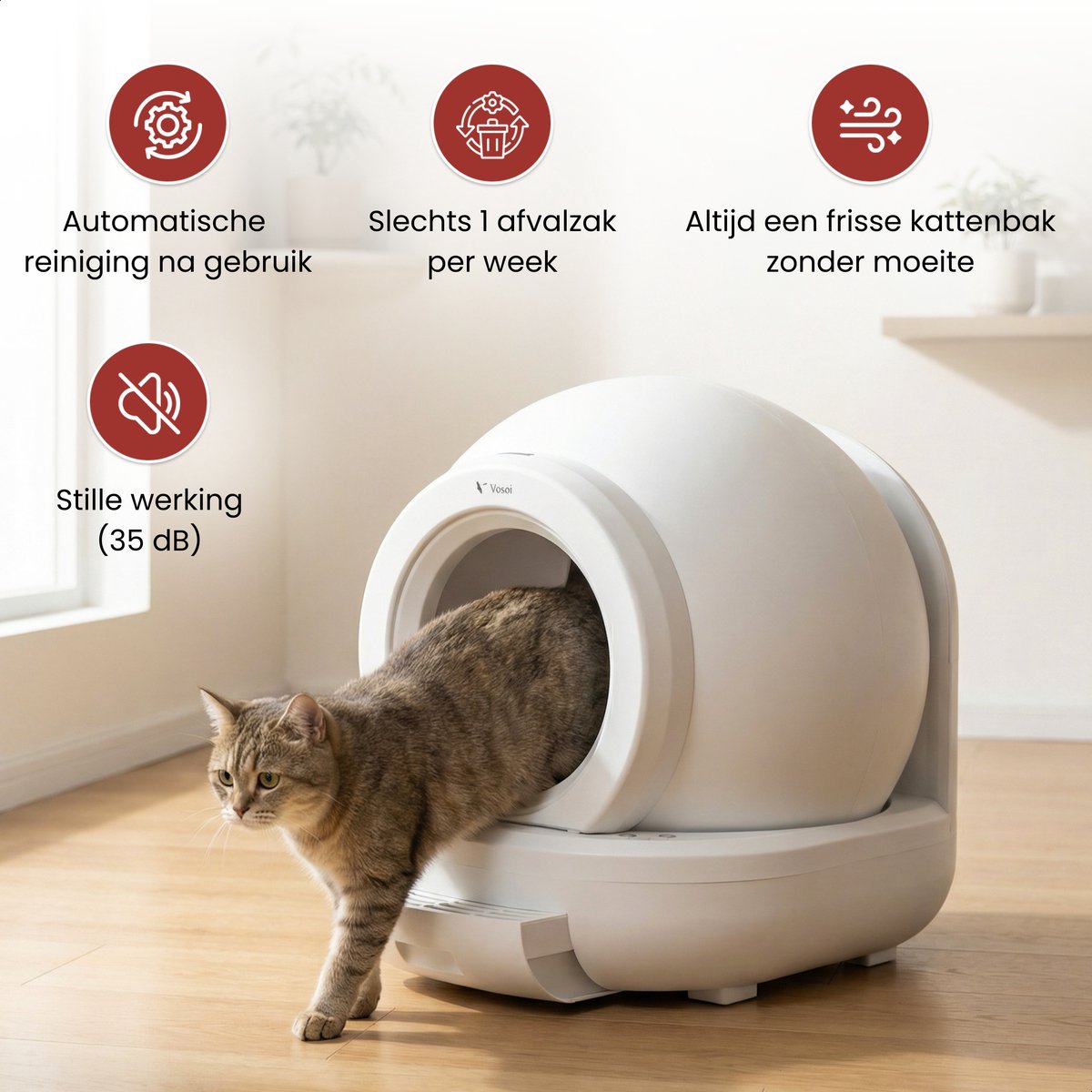 Miniatuur van productfoto 2 van Vosoi Automatische Kattenbak - Zelfreinigende Kattenbak - Bedienen via App - Inc. matje met 5 rollen opvangzakjes en 2 geurfilters - 65L