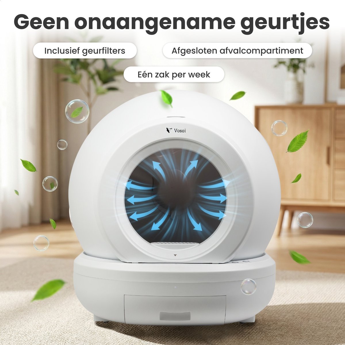 Miniatuur van productfoto 4 van Vosoi Automatische Kattenbak - Zelfreinigende Kattenbak - Bedienen via App - Inc. matje met 5 rollen opvangzakjes en 2 geurfilters - 65L