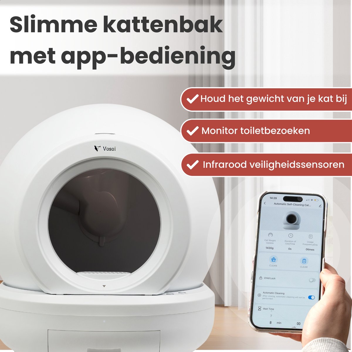 Miniatuur van productfoto 6 van Vosoi Automatische Kattenbak - Zelfreinigende Kattenbak - Bedienen via App - Inc. matje met 5 rollen opvangzakjes en 2 geurfilters - 65L