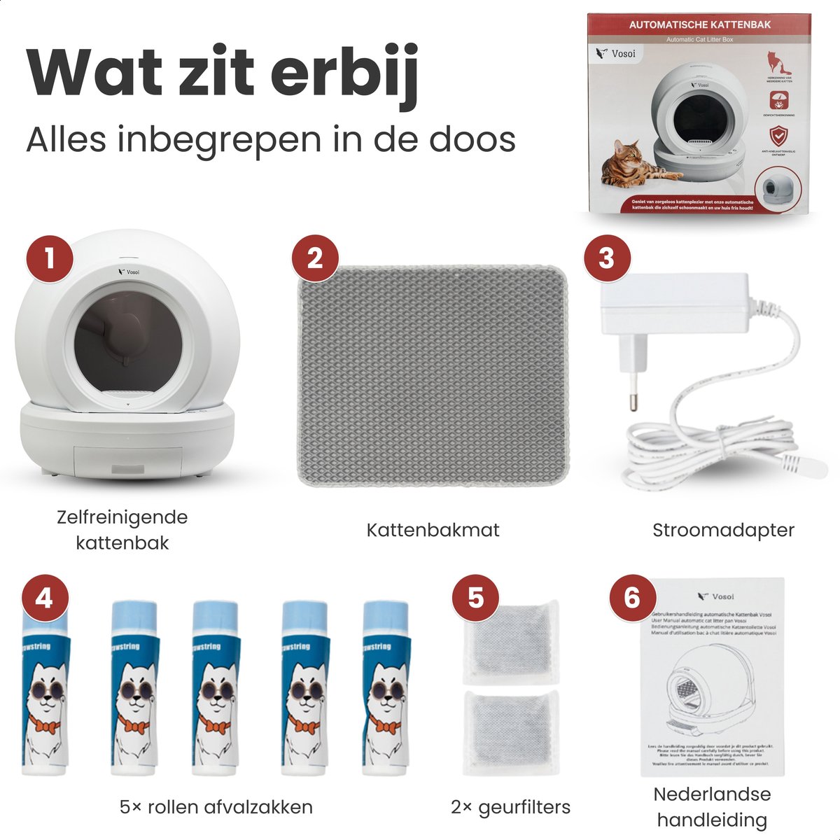 Miniatuur van productfoto 7 van Vosoi Automatische Kattenbak - Zelfreinigende Kattenbak - Bedienen via App - Inc. matje met 5 rollen opvangzakjes en 2 geurfilters - 65L