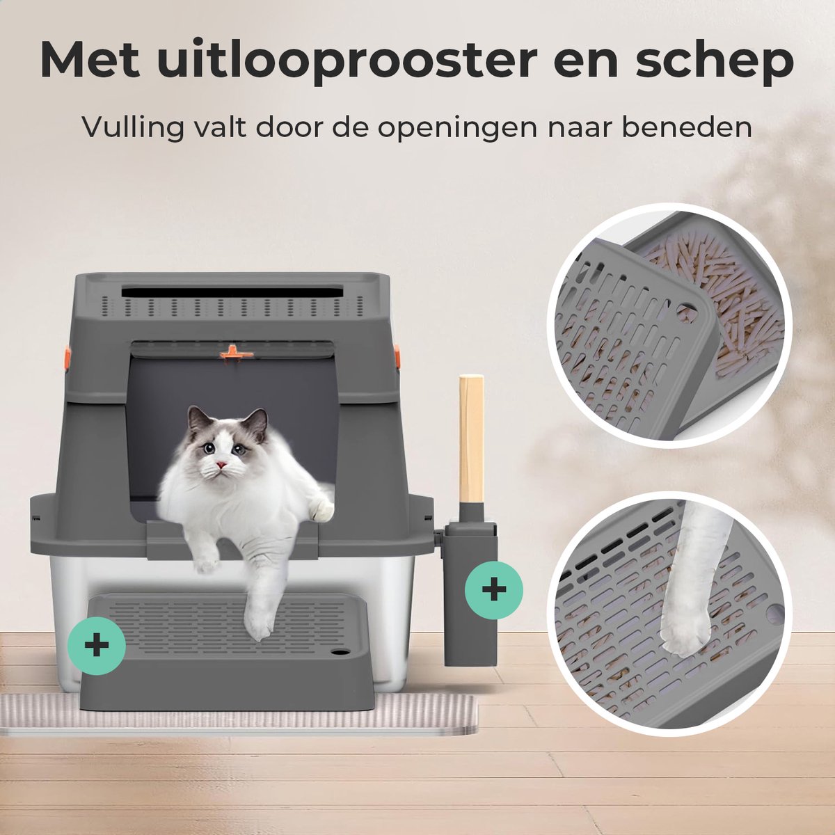 Miniatuur van productfoto 6 van Cellavi Premium Kattenbak RVS - XL - Geschikt voor Grote en Kleine Katten - Incl. Kattenbakschep en Grit Opvanger - Grijs - 60x40x38 cm