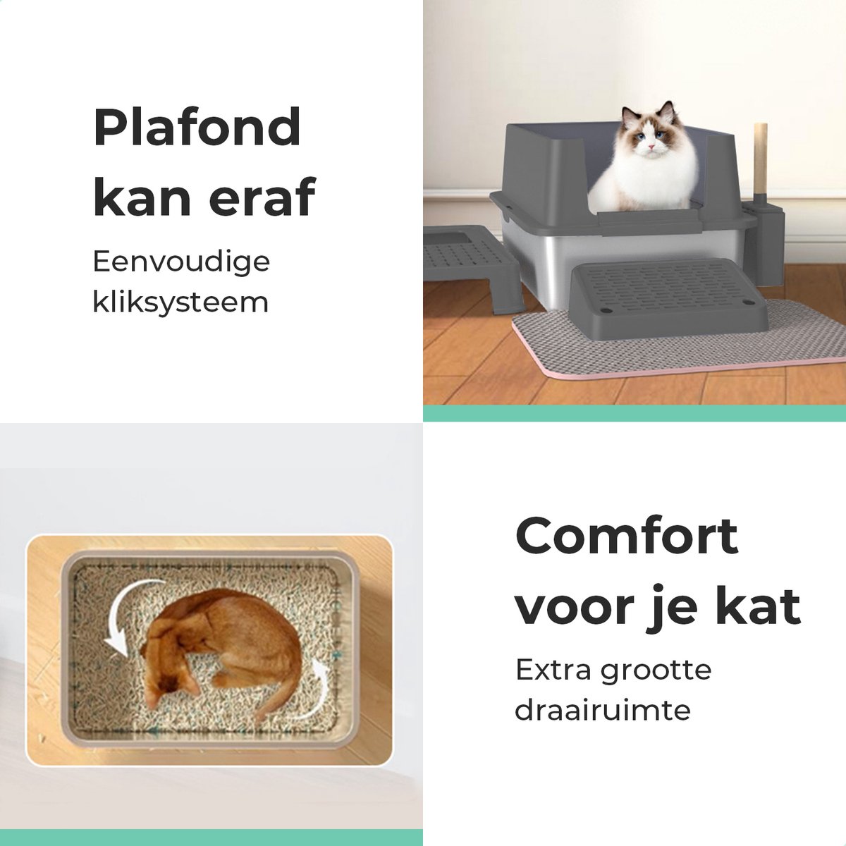Miniatuur van productfoto 8 van Cellavi Premium Kattenbak RVS - XL - Geschikt voor Grote en Kleine Katten - Incl. Kattenbakschep en Grit Opvanger - Grijs - 60x40x38 cm