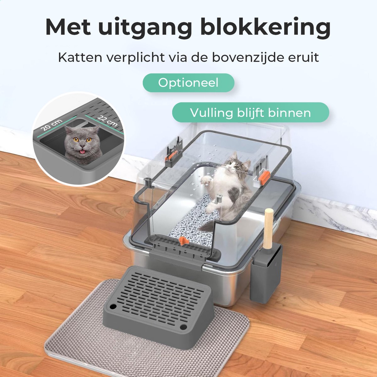 Miniatuur van productfoto 9 van Cellavi Premium Kattenbak RVS - XL - Geschikt voor Grote en Kleine Katten - Incl. Kattenbakschep en Grit Opvanger - Grijs - 60x40x38 cm