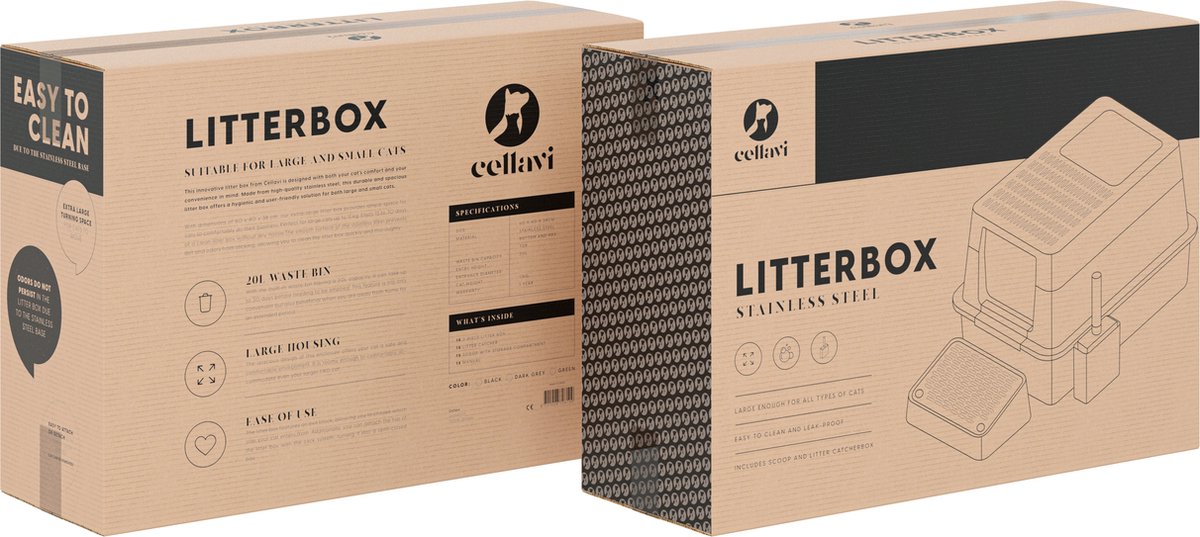 Miniatuur van productfoto 10 van Cellavi Premium Kattenbak RVS - XL - Geschikt voor Grote en Kleine Katten - Incl. Kattenbakschep en Grit Opvanger - Zwart - 60x40x38 cm