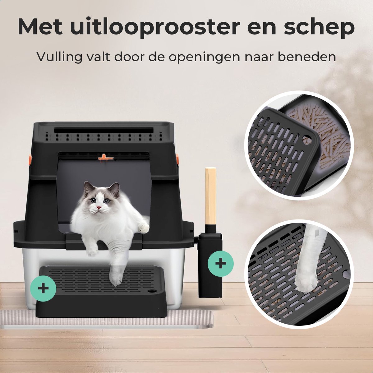 Miniatuur van productfoto 2 van Cellavi Premium Kattenbak RVS - XL - Geschikt voor Grote en Kleine Katten - Incl. Kattenbakschep en Grit Opvanger - Zwart - 60x40x38 cm