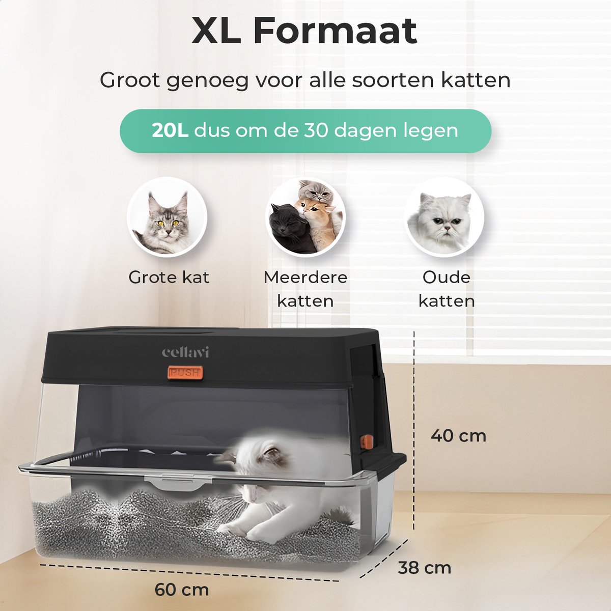 Miniatuur van productfoto 3 van Cellavi Premium Kattenbak RVS - XL - Geschikt voor Grote en Kleine Katten - Incl. Kattenbakschep en Grit Opvanger - Zwart - 60x40x38 cm