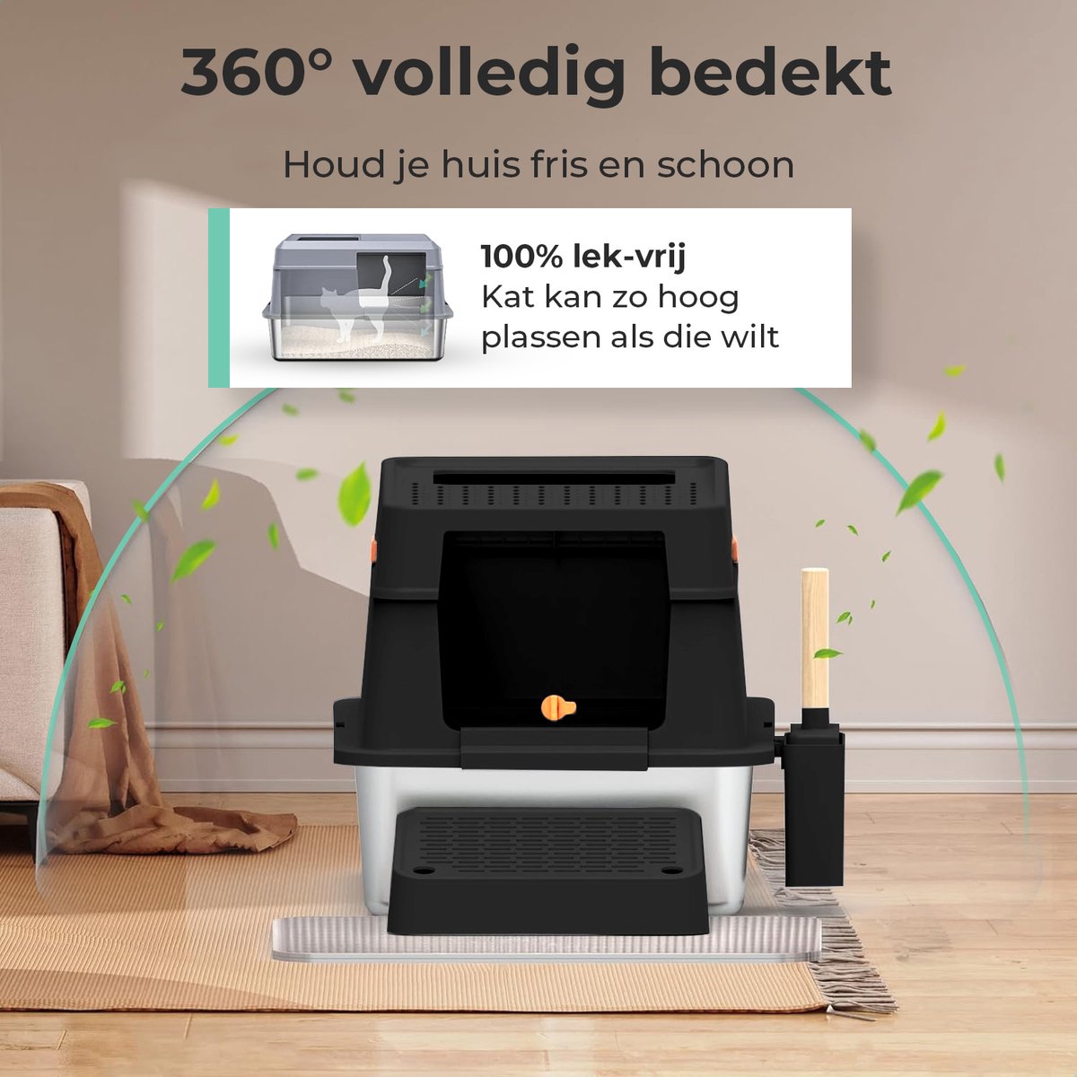 Miniatuur van productfoto 4 van Cellavi Premium Kattenbak RVS - XL - Geschikt voor Grote en Kleine Katten - Incl. Kattenbakschep en Grit Opvanger - Zwart - 60x40x38 cm