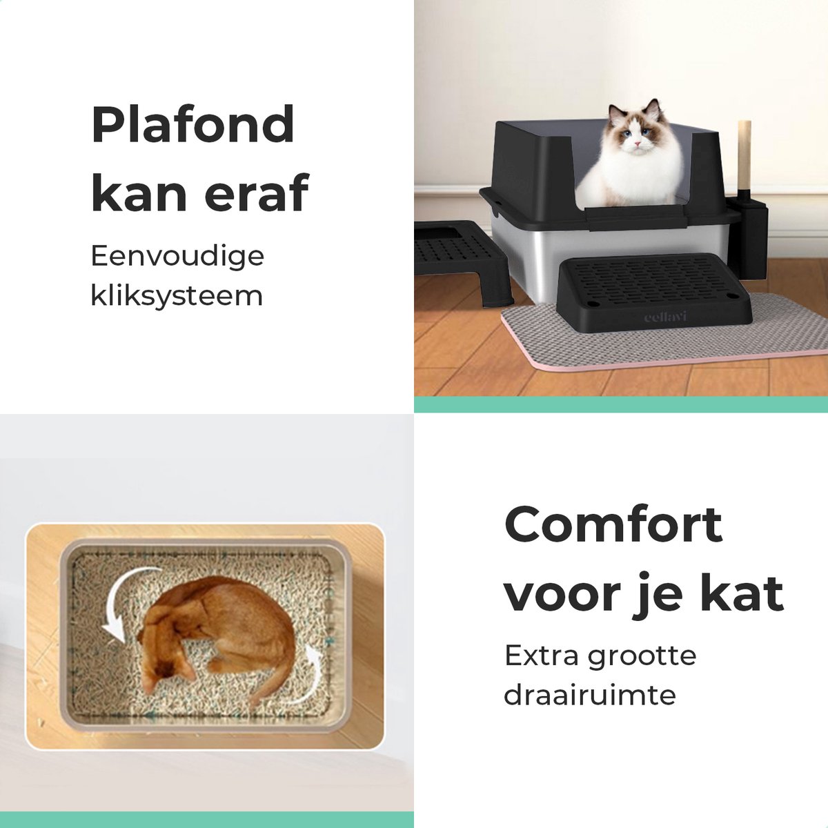 Miniatuur van productfoto 5 van Cellavi Premium Kattenbak RVS - XL - Geschikt voor Grote en Kleine Katten - Incl. Kattenbakschep en Grit Opvanger - Zwart - 60x40x38 cm