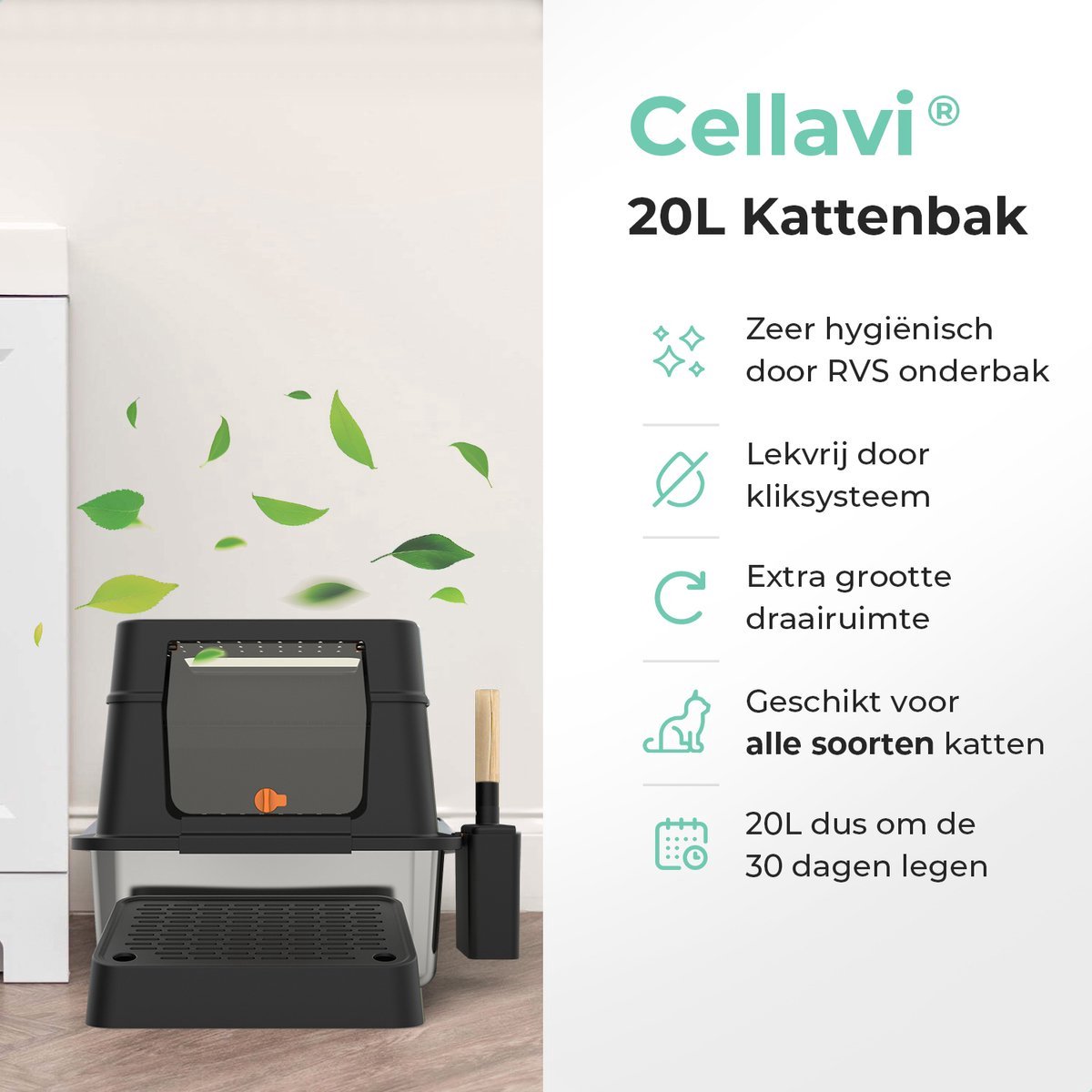 Miniatuur van productfoto 6 van Cellavi Premium Kattenbak RVS - XL - Geschikt voor Grote en Kleine Katten - Incl. Kattenbakschep en Grit Opvanger - Zwart - 60x40x38 cm