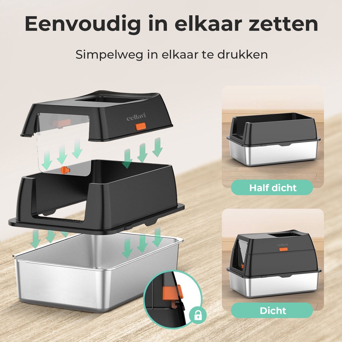 Miniatuur van productfoto 7 van Cellavi Premium Kattenbak RVS - XL - Geschikt voor Grote en Kleine Katten - Incl. Kattenbakschep en Grit Opvanger - Zwart - 60x40x38 cm