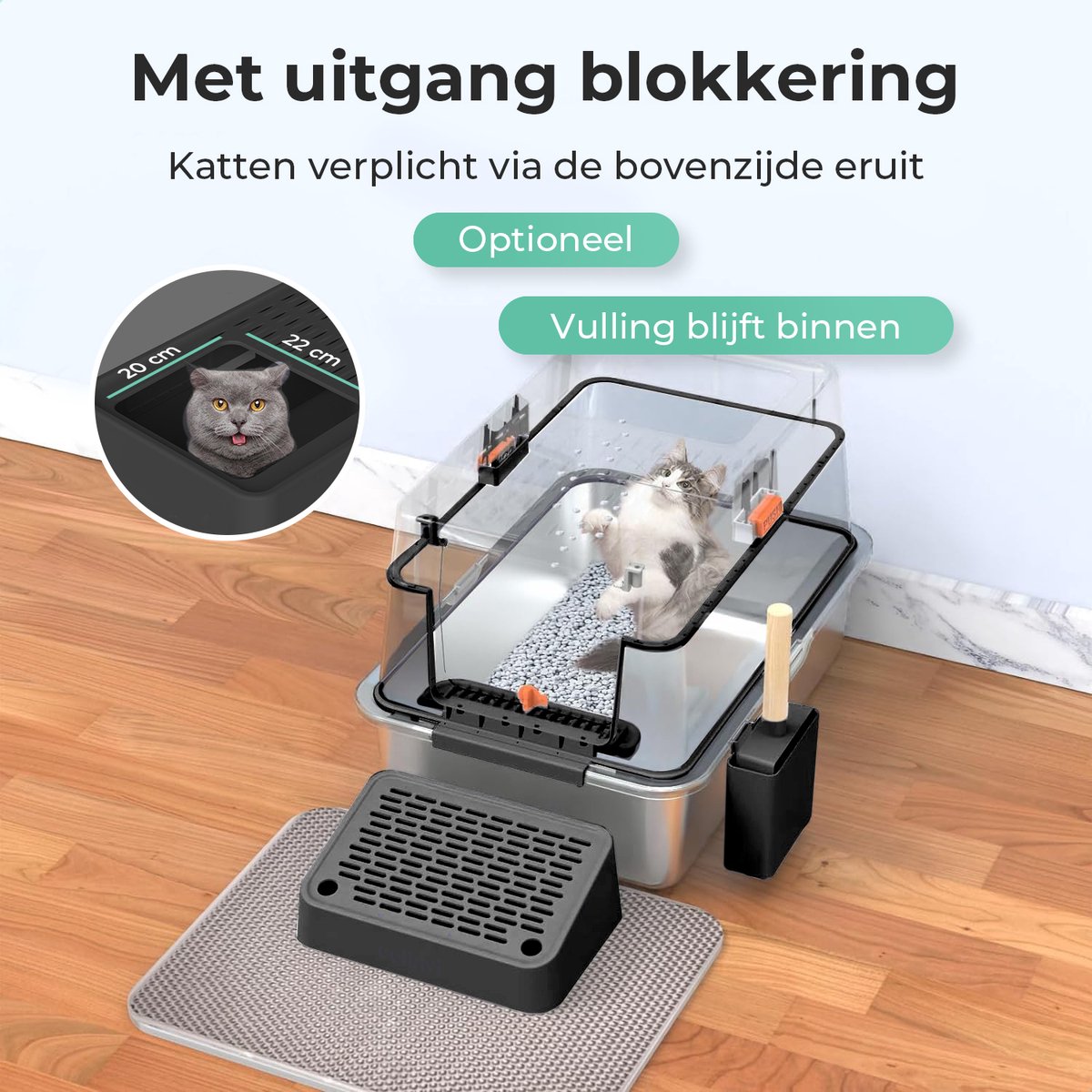 Miniatuur van productfoto 9 van Cellavi Premium Kattenbak RVS - XL - Geschikt voor Grote en Kleine Katten - Incl. Kattenbakschep en Grit Opvanger - Zwart - 60x40x38 cm