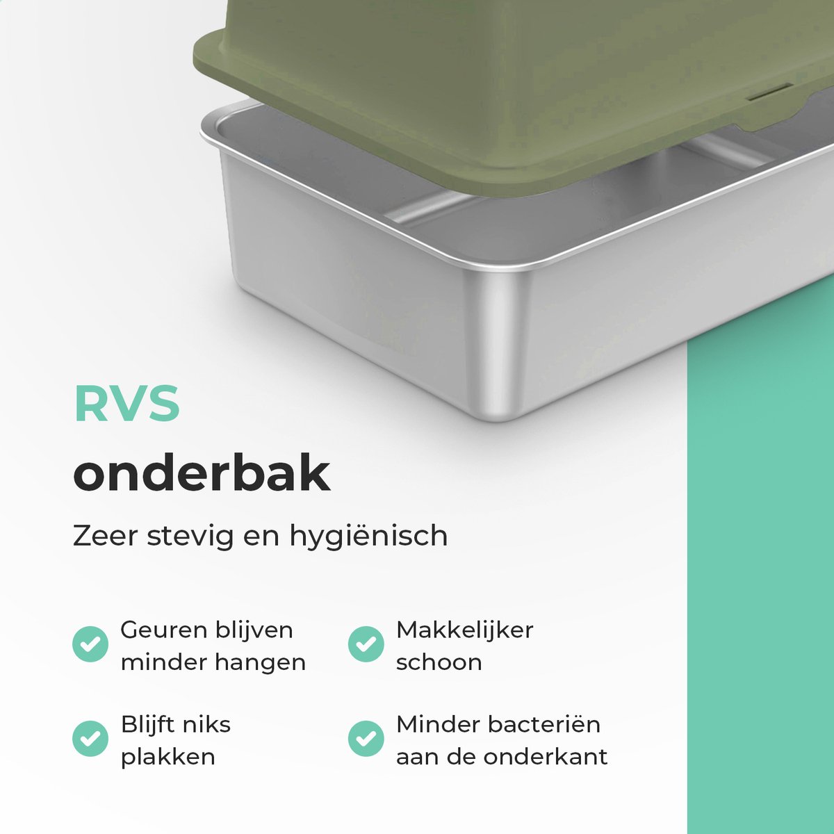 Productfoto 1 van Cellavi Premium Kattenbak RVS - XL - Geschikt voor Grote en Kleine Katten - Incl. Kattenbakschep en Grit Opvanger - Groen - 60x40x38 cm