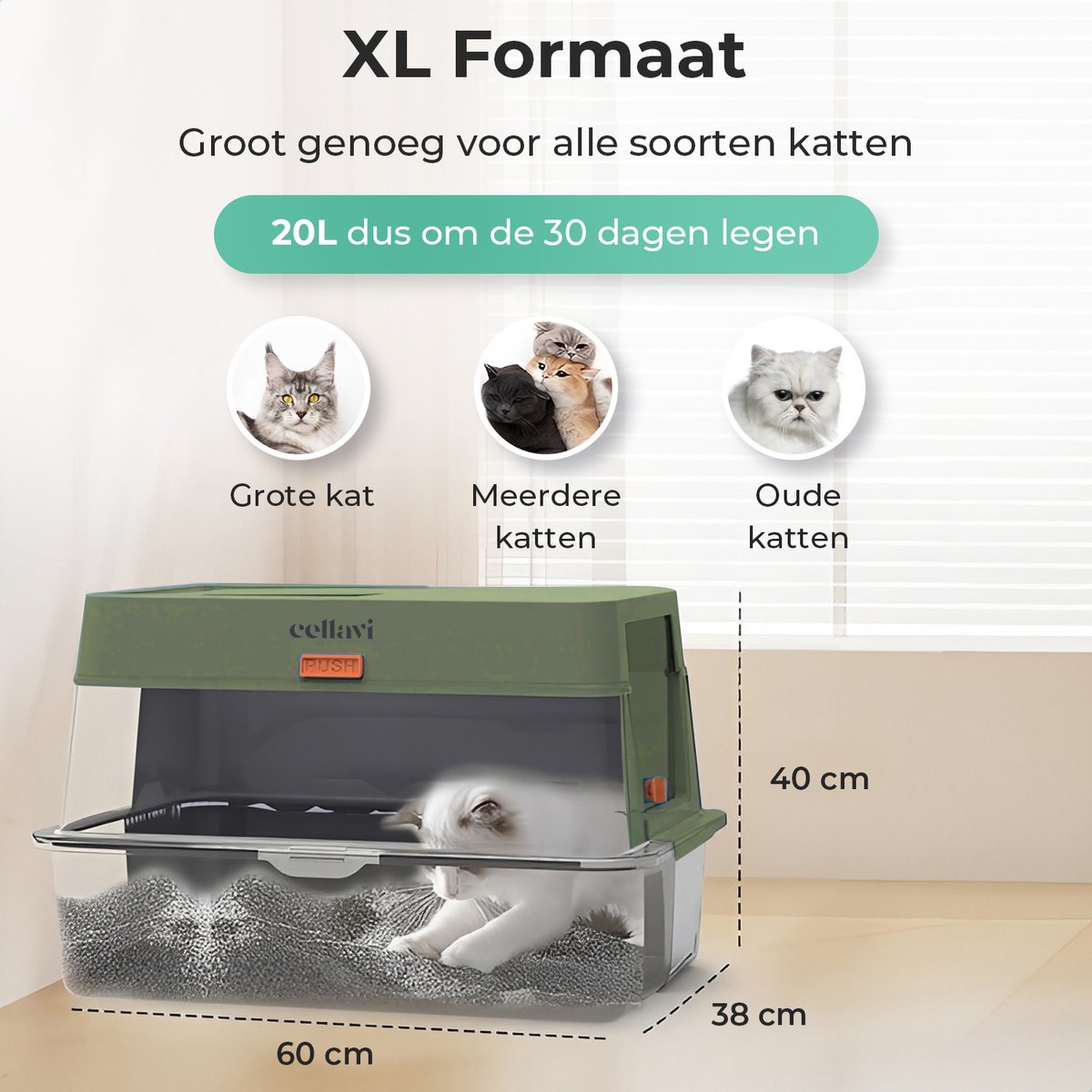 Miniatuur van productfoto 3 van Cellavi Premium Kattenbak RVS - XL - Geschikt voor Grote en Kleine Katten - Incl. Kattenbakschep en Grit Opvanger - Groen - 60x40x38 cm