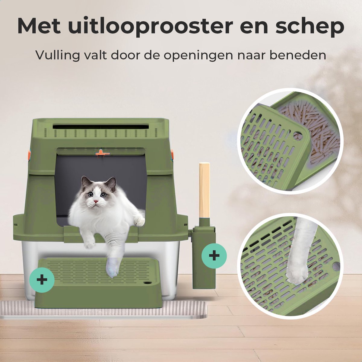 Miniatuur van productfoto 4 van Cellavi Premium Kattenbak RVS - XL - Geschikt voor Grote en Kleine Katten - Incl. Kattenbakschep en Grit Opvanger - Groen - 60x40x38 cm