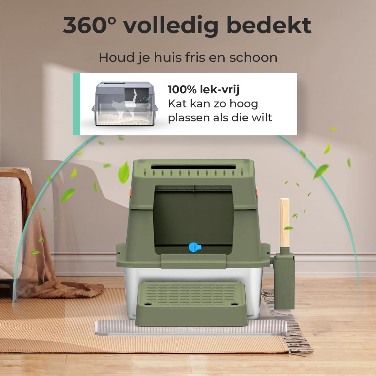 Miniatuur van productfoto 5 van Cellavi Premium Kattenbak RVS - XL - Geschikt voor Grote en Kleine Katten - Incl. Kattenbakschep en Grit Opvanger - Groen - 60x40x38 cm