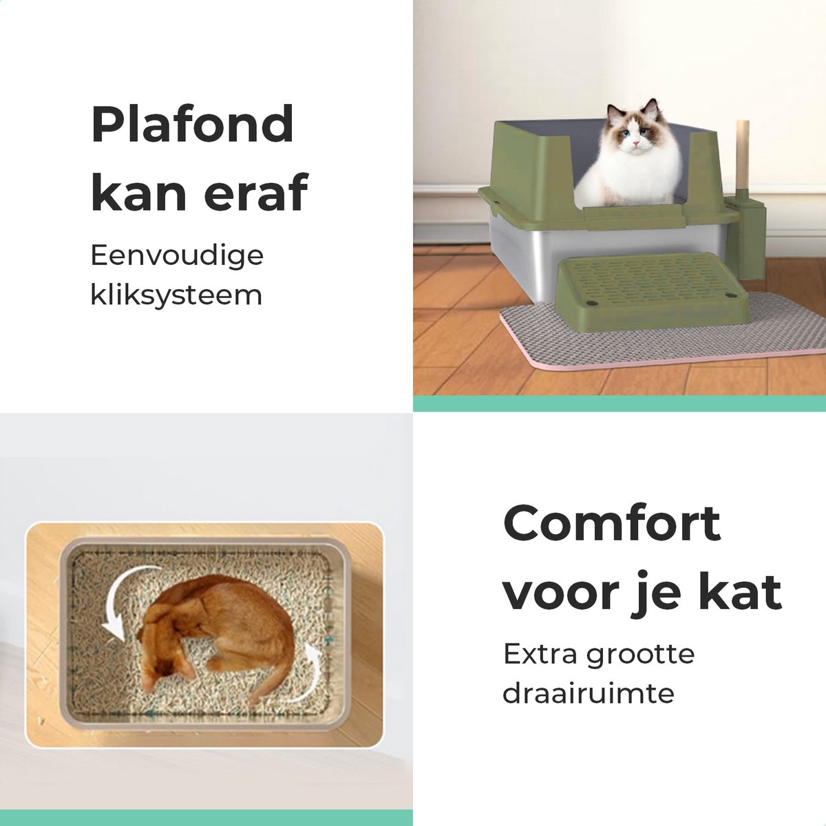 Miniatuur van productfoto 6 van Cellavi Premium Kattenbak RVS - XL - Geschikt voor Grote en Kleine Katten - Incl. Kattenbakschep en Grit Opvanger - Groen - 60x40x38 cm