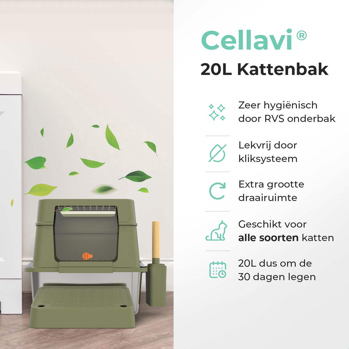 Miniatuur van productfoto 7 van Cellavi Premium Kattenbak RVS - XL - Geschikt voor Grote en Kleine Katten - Incl. Kattenbakschep en Grit Opvanger - Groen - 60x40x38 cm