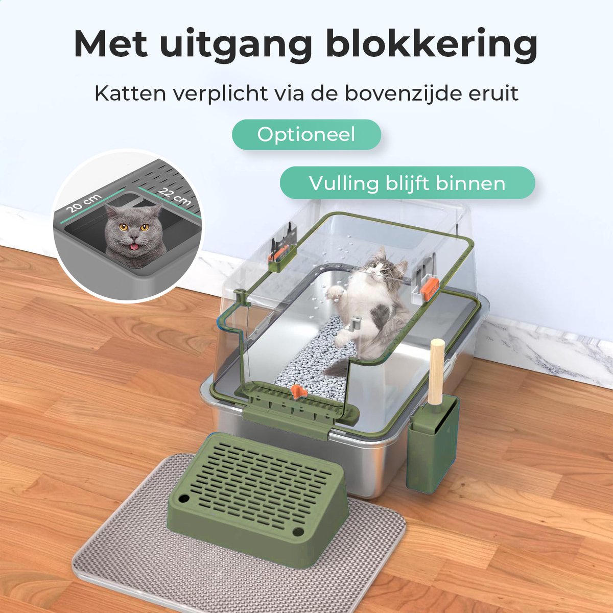 Miniatuur van productfoto 9 van Cellavi Premium Kattenbak RVS - XL - Geschikt voor Grote en Kleine Katten - Incl. Kattenbakschep en Grit Opvanger - Groen - 60x40x38 cm