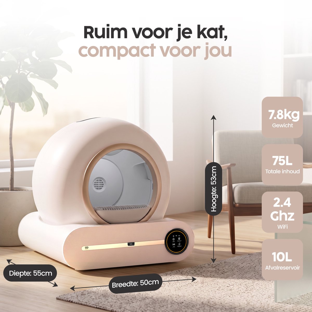 Miniatuur van productfoto 3 van Infinity Goods Automatische Kattenbak XXL - Zelfreinigende Kattenbak - Incl. App - 75L - Met Kattenbakmat en 3 Rollen Opbergzakjes - Wit/Roségoud