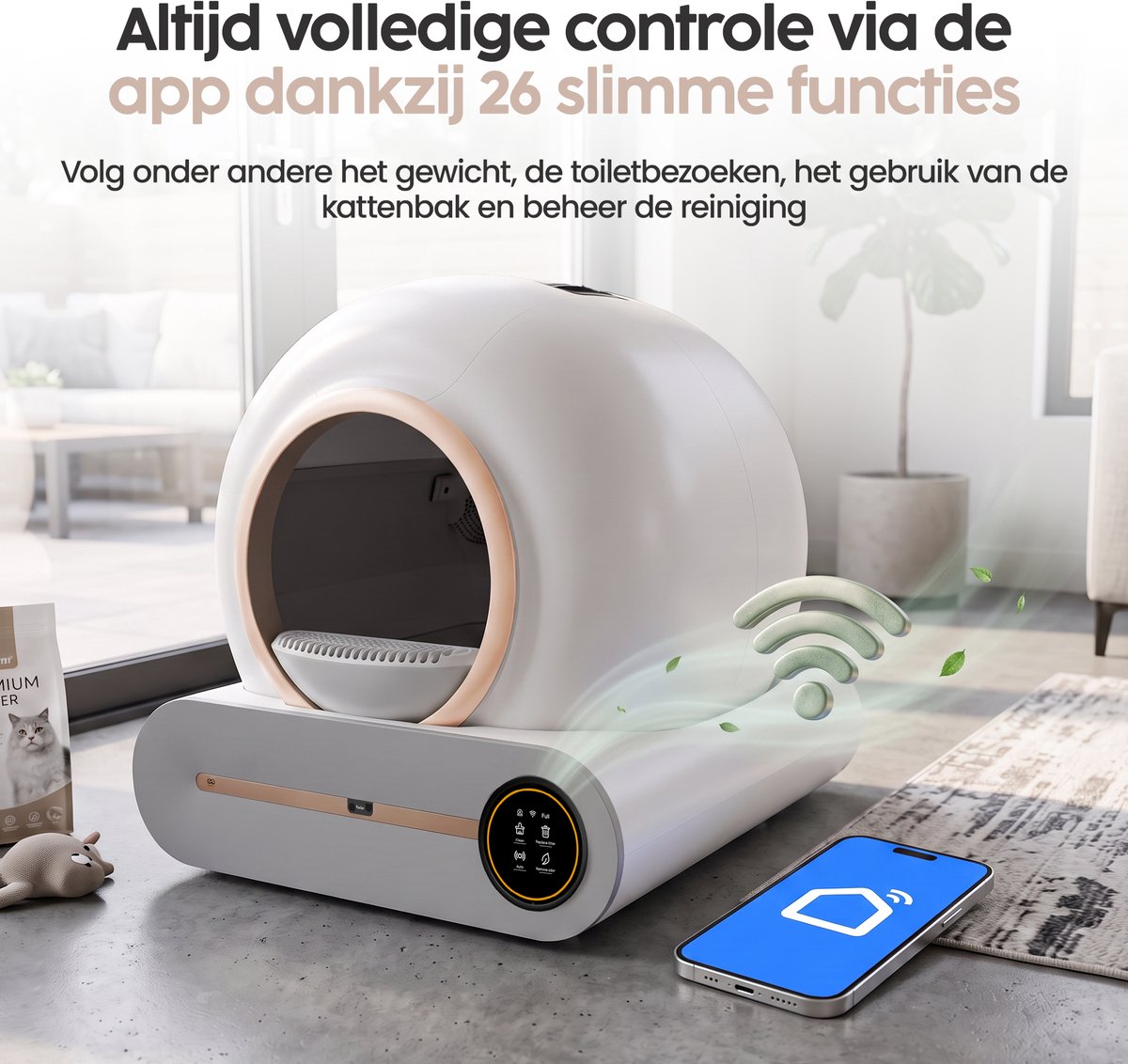 Miniatuur van productfoto 4 van Infinity Goods Automatische Kattenbak XXL - Zelfreinigende Kattenbak - Incl. App - 75L - Met Kattenbakmat en 3 Rollen Opbergzakjes - Wit/Roségoud