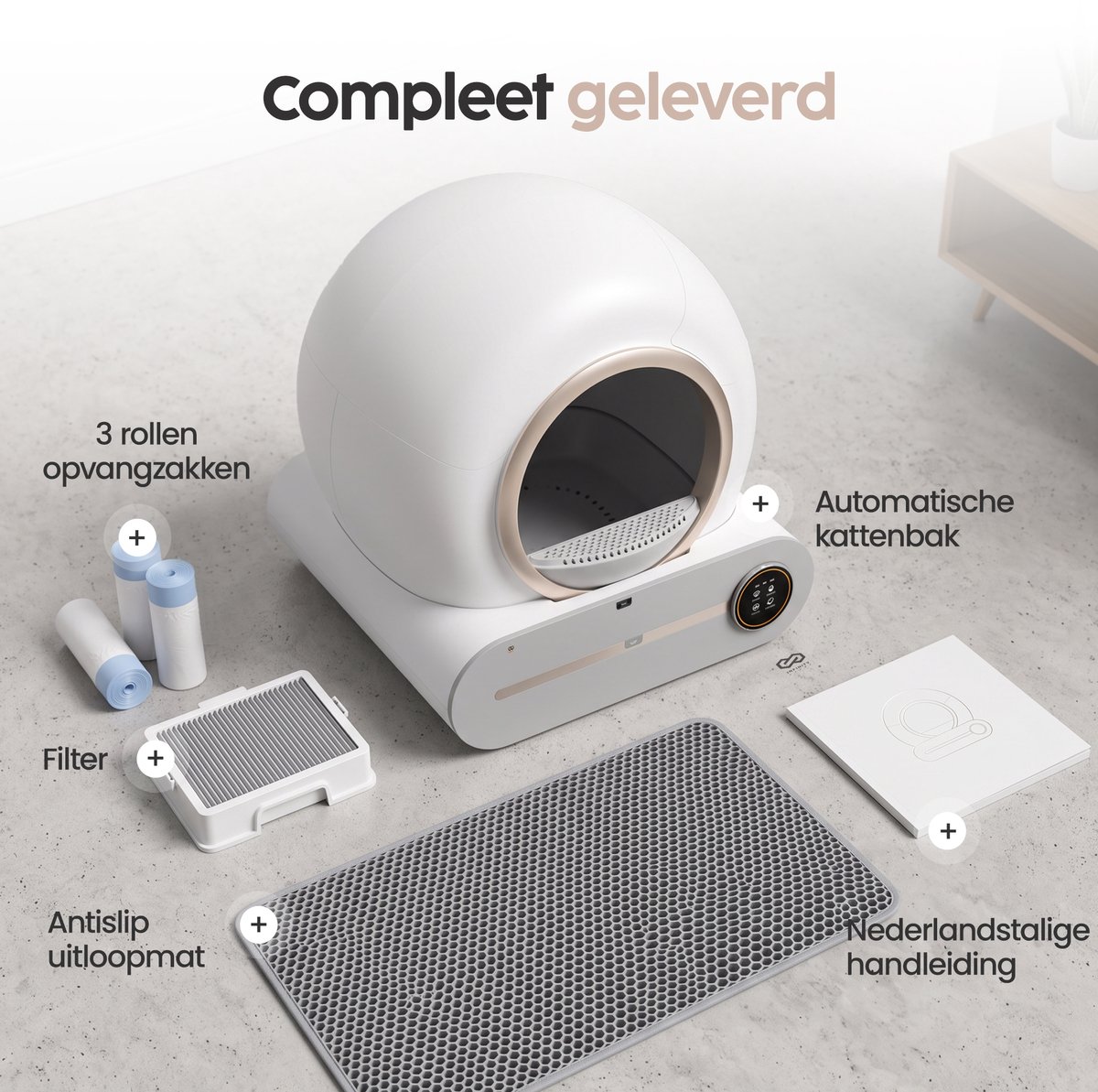 Miniatuur van productfoto 7 van Infinity Goods Automatische Kattenbak XXL - Zelfreinigende Kattenbak - Incl. App - 75L - Met Kattenbakmat en 3 Rollen Opbergzakjes - Wit/Roségoud