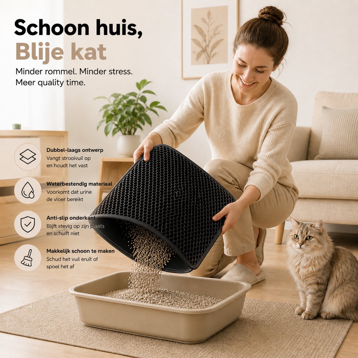 Miniatuur van productfoto 2 van BOTC Kattenbakmat XL - Dubbellaags - 60x45 cm - Waterdicht - Urinebestendige Opvangmat - 1 stuk - Zwart