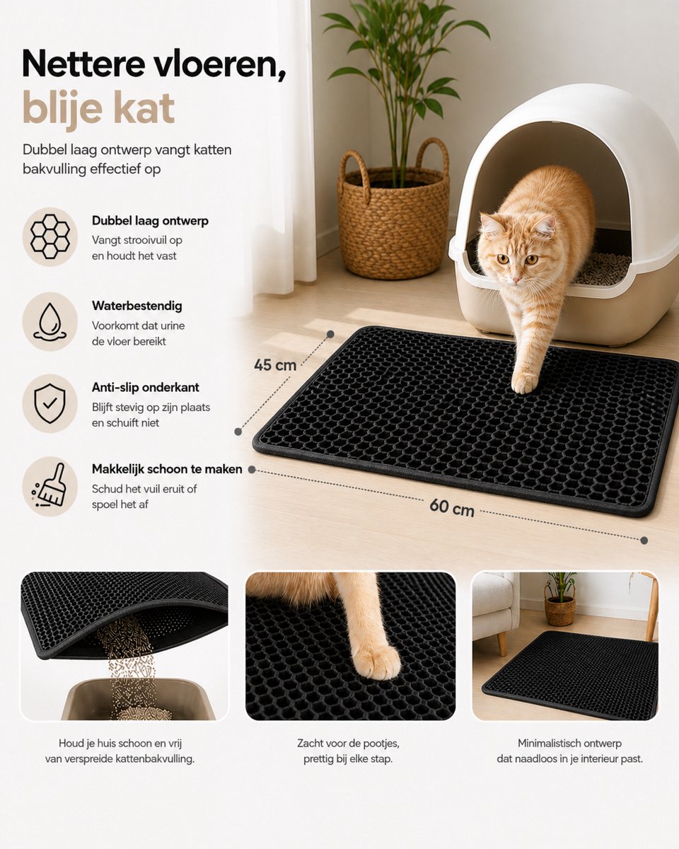 Miniatuur van productfoto 4 van BOTC Kattenbakmat XL - Dubbellaags - 60x45 cm - Waterdicht - Urinebestendige Opvangmat - 1 stuk - Zwart
