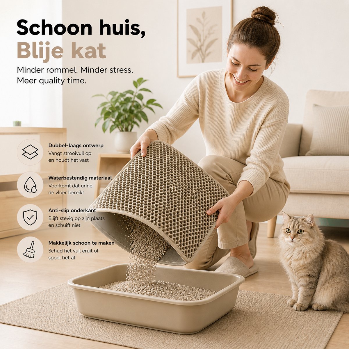 Miniatuur van productfoto 2 van BOTC Kattenbakmat XL - Dubbellaags - 60x45 cm - Waterdicht - Urinebestendige opvangmat - 1 stuk - Beige