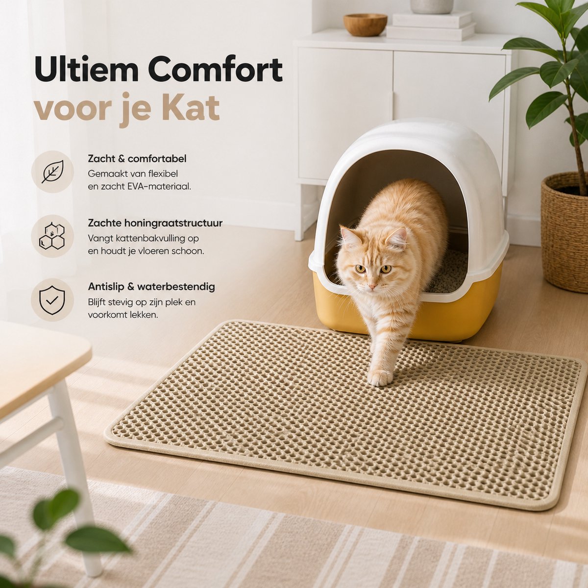 Miniatuur van productfoto 6 van BOTC Kattenbakmat XL - Dubbellaags - 60x45 cm - Waterdicht - Urinebestendige opvangmat - 1 stuk - Beige