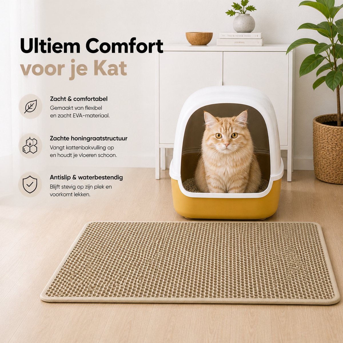 Miniatuur van productfoto 7 van BOTC Kattenbakmat XL - Dubbellaags - 60x45 cm - Waterdicht - Urinebestendige opvangmat - 1 stuk - Beige