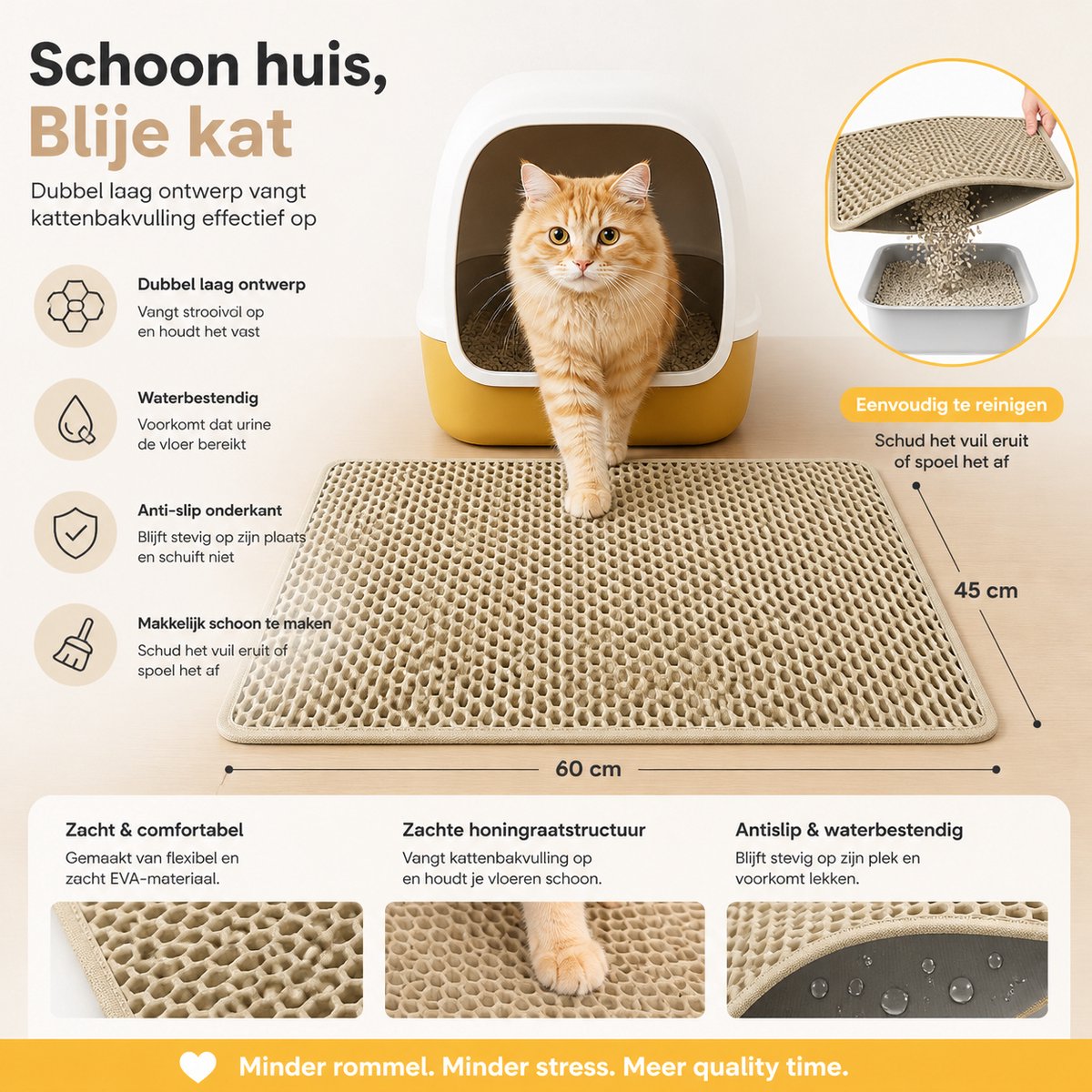 Miniatuur van productfoto 9 van BOTC Kattenbakmat XL - Dubbellaags - 60x45 cm - Waterdicht - Urinebestendige opvangmat - 1 stuk - Beige