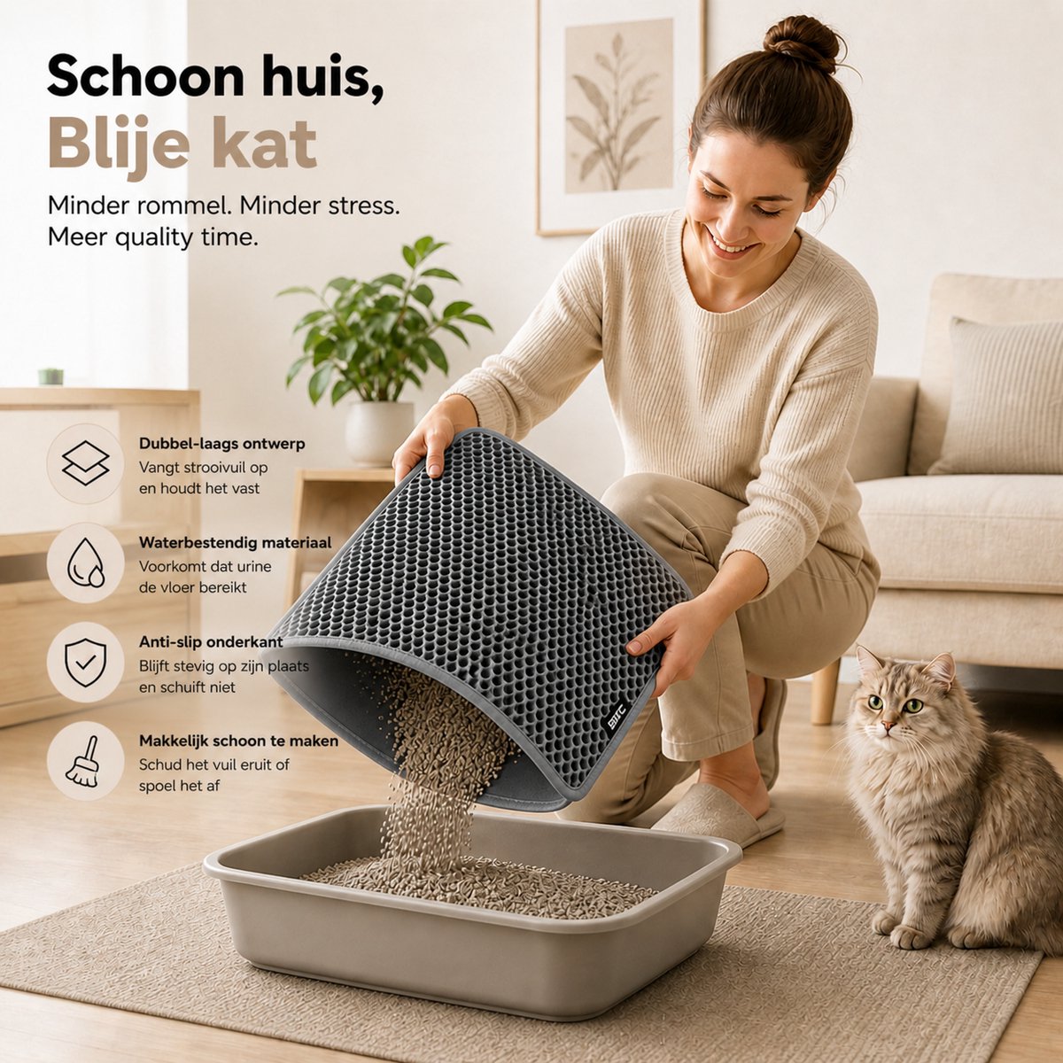 Miniatuur van productfoto 4 van BOTC Kattenbakmat XL - Dubbellaags - 60x45 cm - Waterdicht - Urinebestendige opvangmat - 1 stuk - Grijs