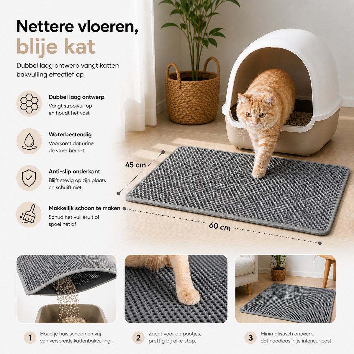 Miniatuur van productfoto 6 van BOTC Kattenbakmat XL - Dubbellaags - 60x45 cm - Waterdicht - Urinebestendige opvangmat - 1 stuk - Grijs