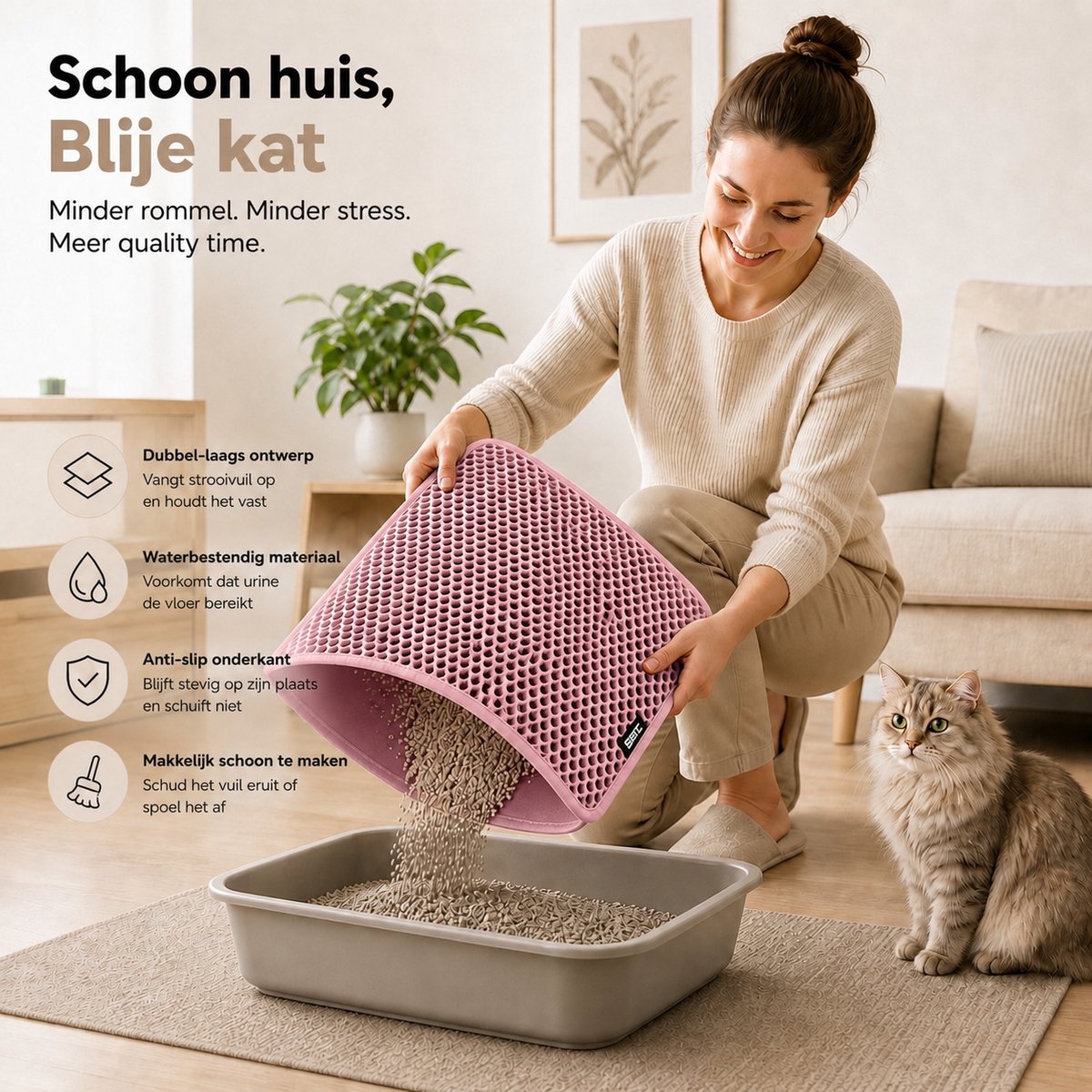 Miniatuur van productfoto 2 van BOTC Kattenbakmat XL - Dubbellaags - 60x45 cm - Waterdicht - Urinebestendige opvangmat - 1 stuk - Roze