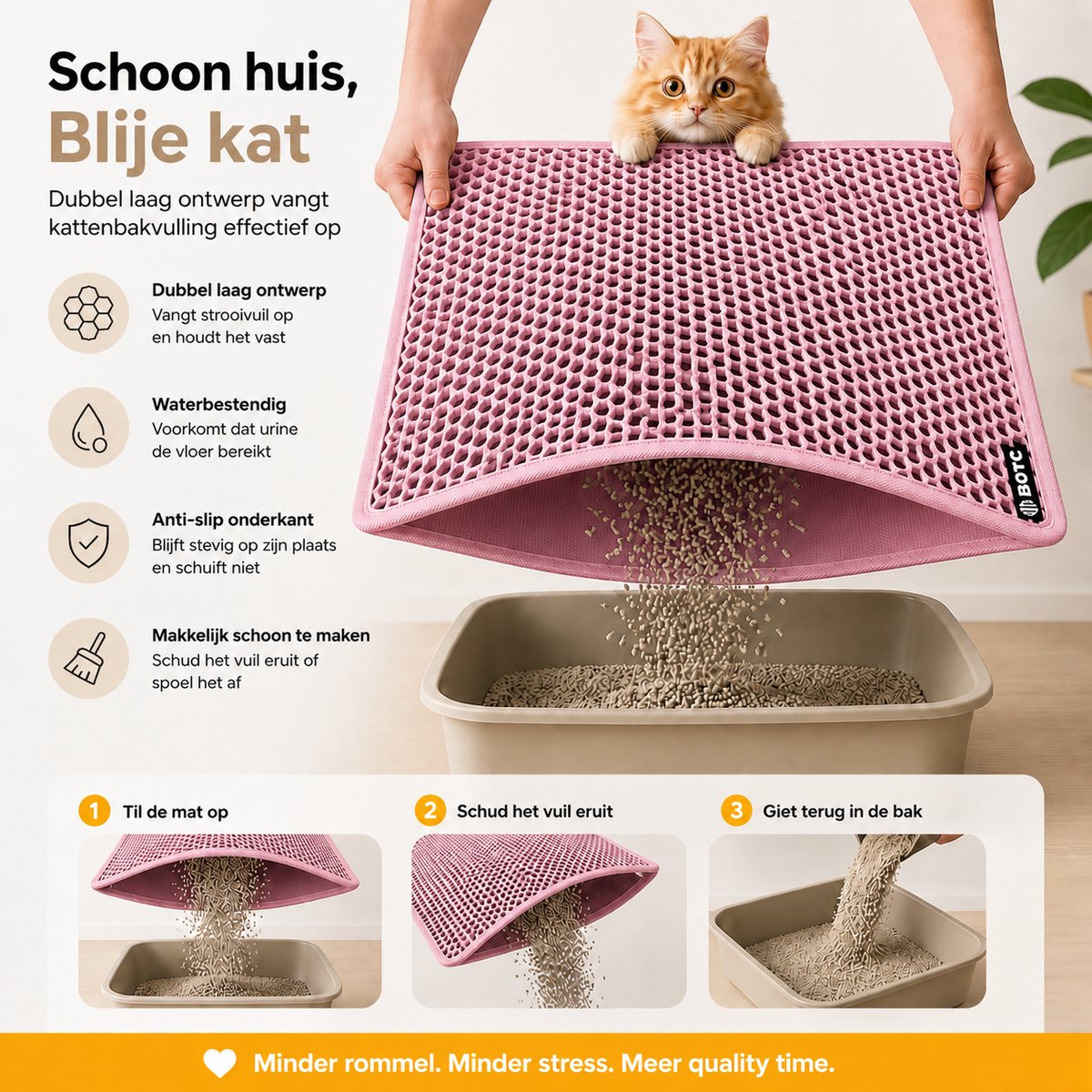 Miniatuur van productfoto 8 van BOTC Kattenbakmat XL - Dubbellaags - 60x45 cm - Waterdicht - Urinebestendige opvangmat - 1 stuk - Roze
