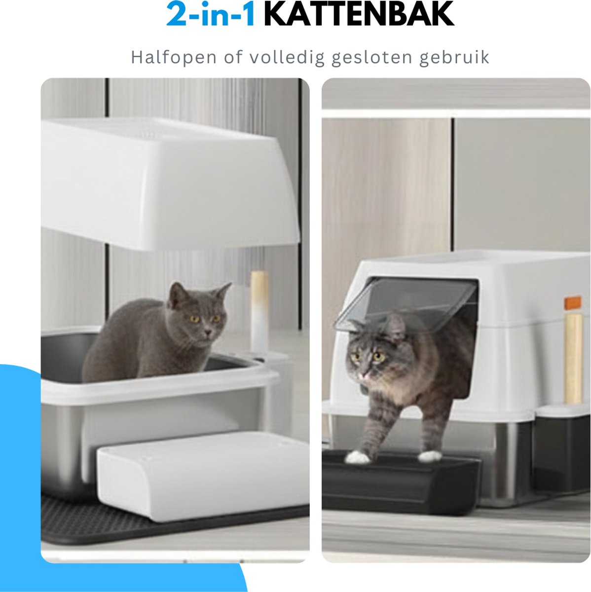 Miniatuur van productfoto 2 van Livista RVS Kattenbak - Kattentoilet Roestvrijstaal - Incl. Kattenbakschep met Houder en Gritopvang Opstapje - 2 in 1 Open Kattenbak met Afneembare Deksel - 60x40x38cm - Wit