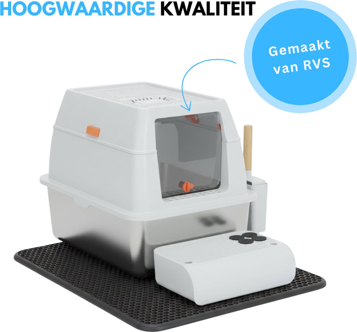 Miniatuur van productfoto 4 van Livista RVS Kattenbak - Kattentoilet Roestvrijstaal - Incl. Kattenbakschep met Houder en Gritopvang Opstapje - 2 in 1 Open Kattenbak met Afneembare Deksel - 60x40x38cm - Wit